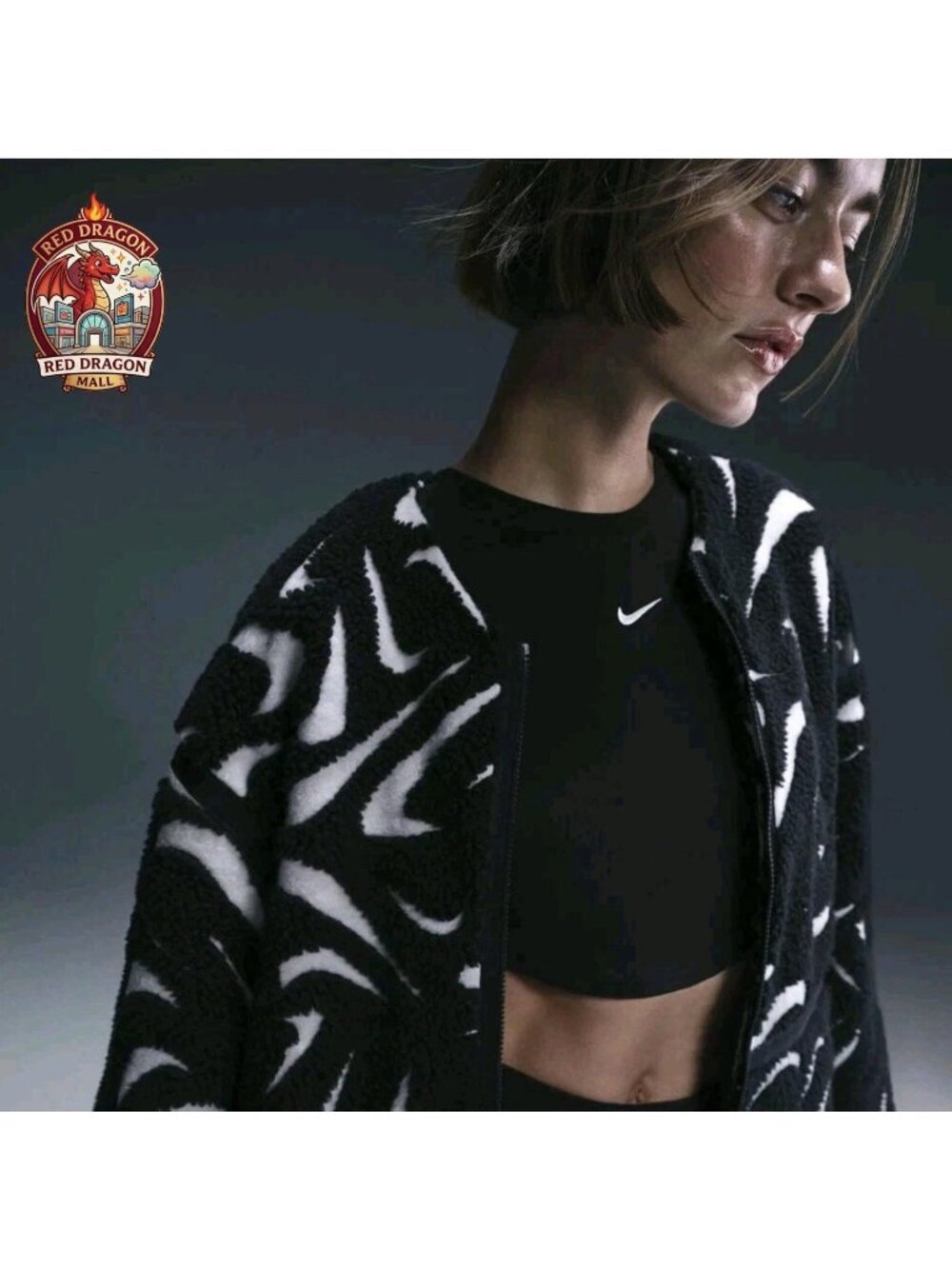 Nike Therma-Fit High Pile Swoosh Jacket Black White FV8025-010 - Women's Size M - Picture 7 of 8